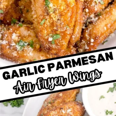 Plate of crispy air fryer garlic parmesan wings garnished with herbs