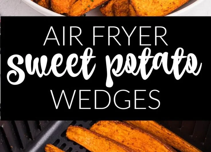 A plate of golden brown air fryer sweet potato wedges served with dipping sauce.