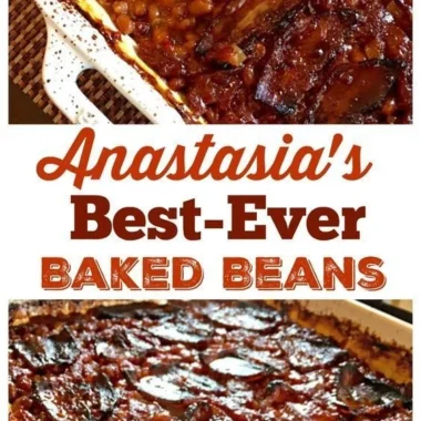 A plate of Anastasia's best-ever baked beans topped with herbs
