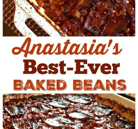 A plate of Anastasia's best-ever baked beans topped with herbs