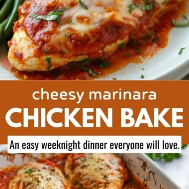 Baked chicken topped with marinara sauce and melted mozzarella cheese