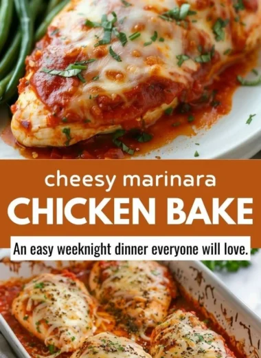 Baked chicken topped with marinara sauce and melted mozzarella cheese