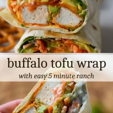 Buffalo Tofu Wrap showcasing spicy tofu, fresh veggies, and a tasty wrap.