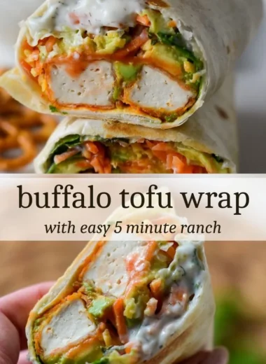 Buffalo Tofu Wrap showcasing spicy tofu, fresh veggies, and a tasty wrap.