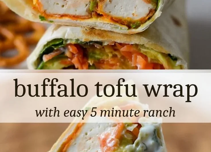 Buffalo Tofu Wrap showcasing spicy tofu, fresh veggies, and a tasty wrap.