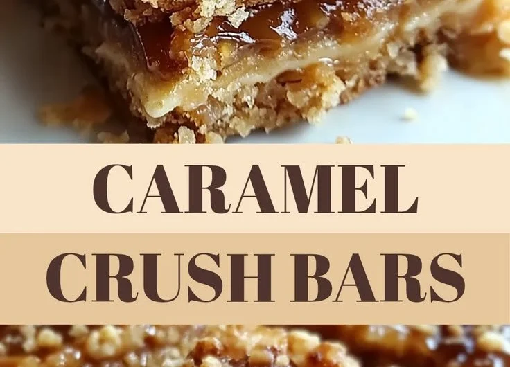 Delicious Caramel Crush Bars topped with melted caramel and crunchy ingredients