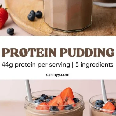 Delicious bowl of homemade chocolate protein pudding topped with berries
