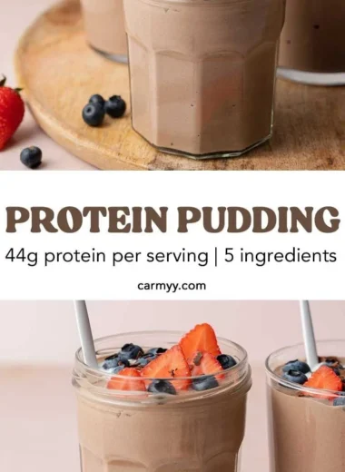 Delicious bowl of homemade chocolate protein pudding topped with berries