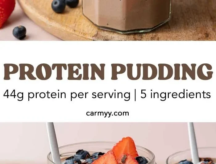 Delicious bowl of homemade chocolate protein pudding topped with berries