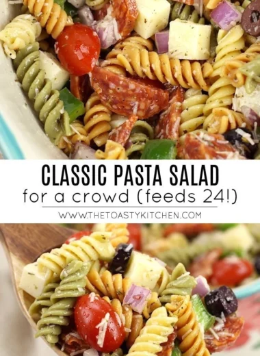 Bowl of classic pasta salad with colorful vegetables and dressing
