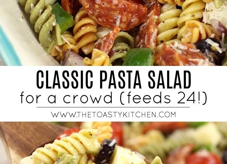 Bowl of classic pasta salad with colorful vegetables and dressing
