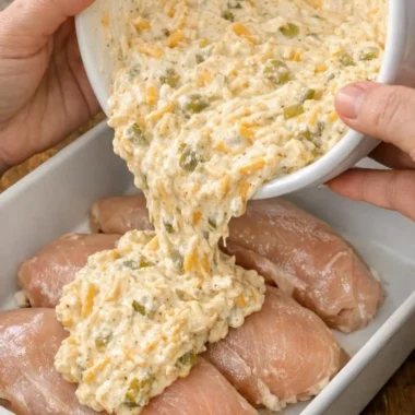 Creamy baked chicken served on a plate with herbs and spices.