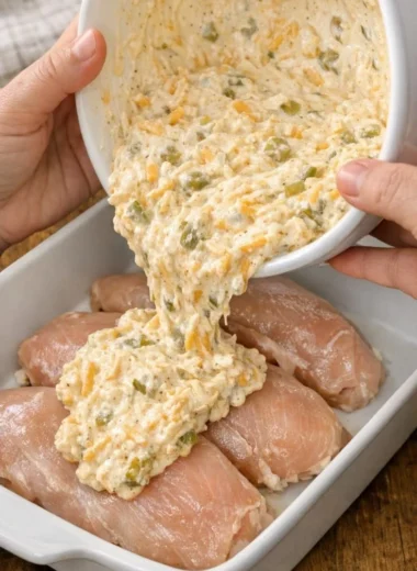 Creamy baked chicken served on a plate with herbs and spices.