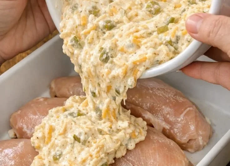 Creamy baked chicken served on a plate with herbs and spices.