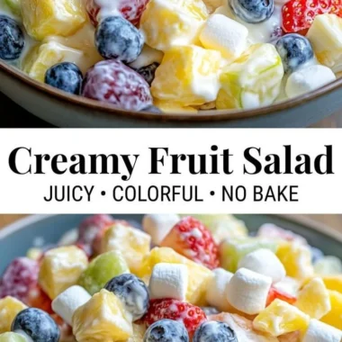 Bowl of creamy fruit salad with colorful fruits and a creamy dressing