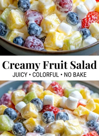 Bowl of creamy fruit salad with colorful fruits and a creamy dressing
