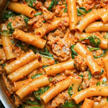 Creamy Sausage Rigatoni with spinach and garlic in tomato cream sauce