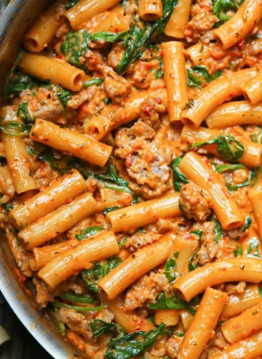 Creamy Sausage Rigatoni with spinach and garlic in tomato cream sauce