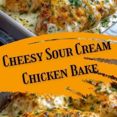 Baked creamy sour cream chicken garnished with herbs on a plate
