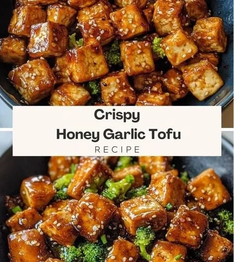 Crispy honey garlic tofu served with vegetables on a plate