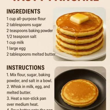 Stack of easy fluffy pancakes with syrup and berries on a plate