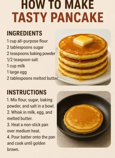 Stack of easy fluffy pancakes with syrup and berries on a plate