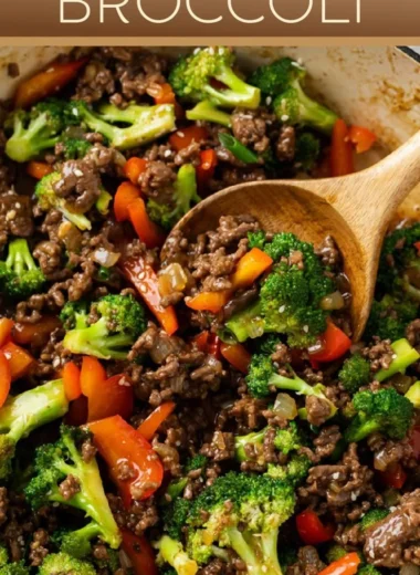 Dish of ground beef and broccoli served in a bowl with white rice
