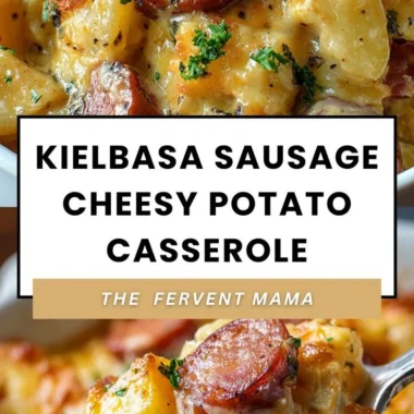 Kielbasa Sausage Cheesy Potato Casserole served in a baking dish