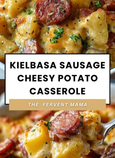 Kielbasa Sausage Cheesy Potato Casserole served in a baking dish