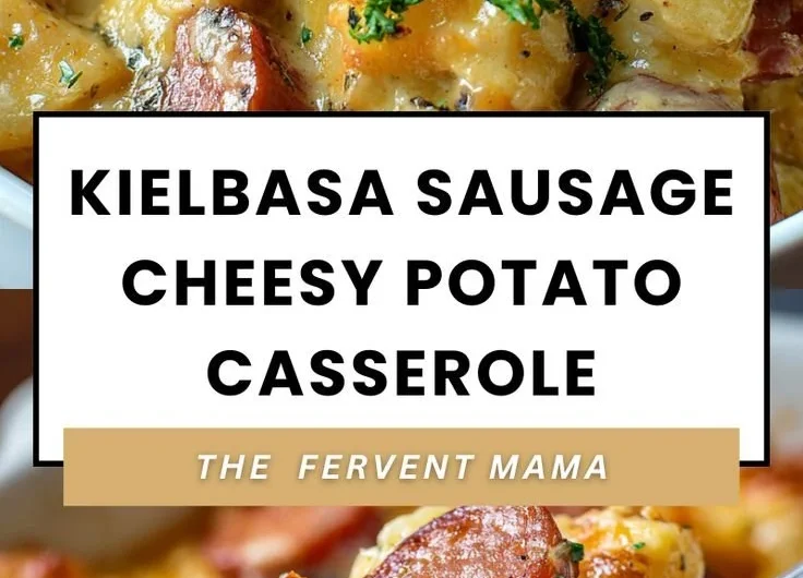 Kielbasa Sausage Cheesy Potato Casserole served in a baking dish