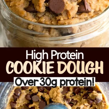 Bowl of protein cookie dough with chocolate chips and a scoop on the side