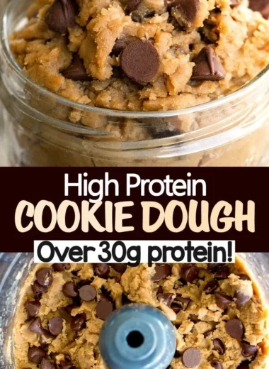 Bowl of protein cookie dough with chocolate chips and a scoop on the side