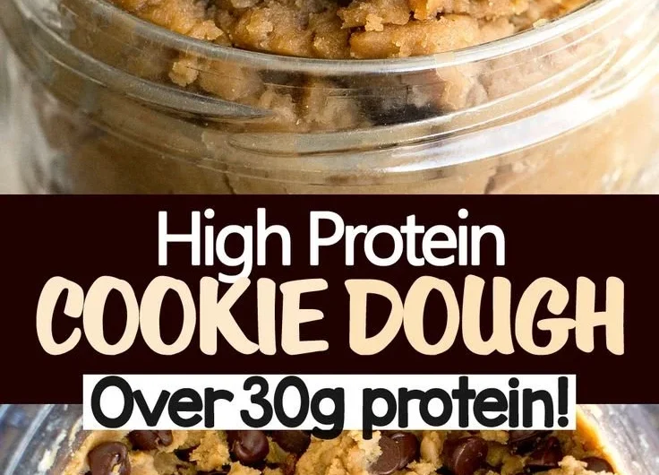 Bowl of protein cookie dough with chocolate chips and a scoop on the side