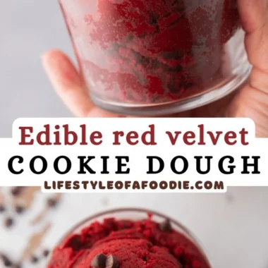 Delicious red velvet cookie dough in a colorful bowl with sprinkles