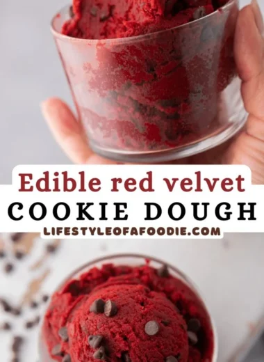 Delicious red velvet cookie dough in a colorful bowl with sprinkles