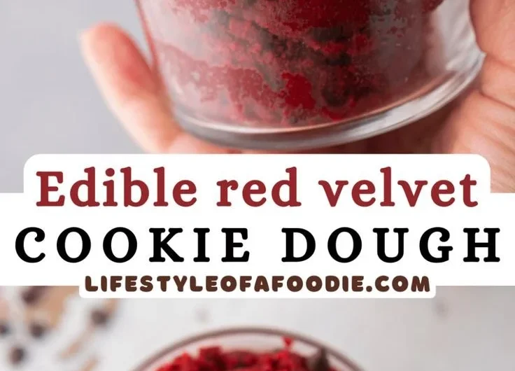 Delicious red velvet cookie dough in a colorful bowl with sprinkles
