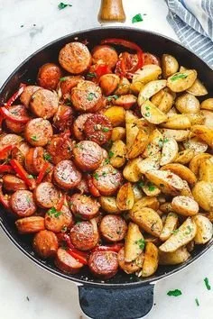 Smoked Sausage and Potato Skillet served in a cast-iron pan