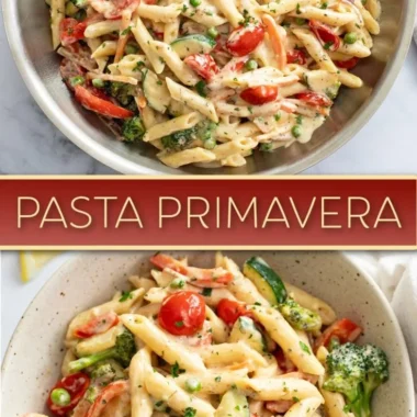 Spring pasta dish with fresh vegetables and herbs