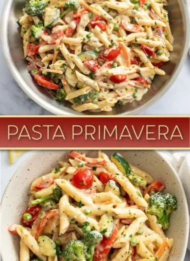 Spring pasta dish with fresh vegetables and herbs