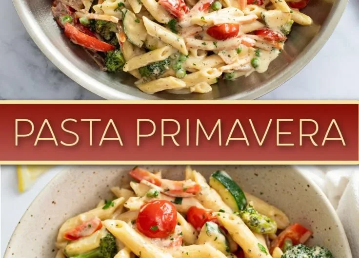 Spring pasta dish with fresh vegetables and herbs