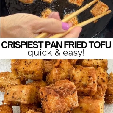 Crispy pan fried tofu served with delicious sauces and garnishes