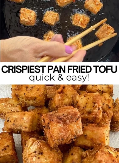 Crispy pan fried tofu served with delicious sauces and garnishes