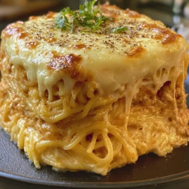 Baked cream cheese spaghetti casserole topped with cheese and herbs