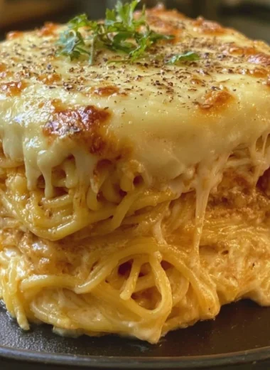 Baked cream cheese spaghetti casserole topped with cheese and herbs