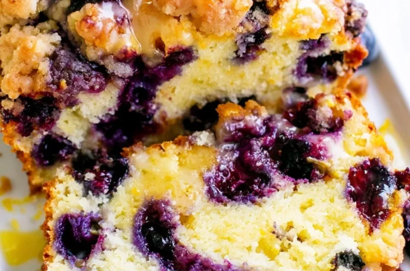 Freshly baked blueberry lemon loaf on a wooden table