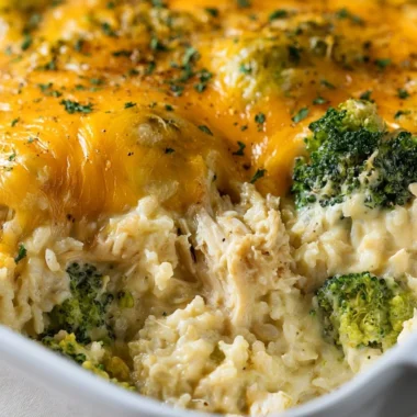 Cheesy broccoli chicken and rice casserole served in a baking dish