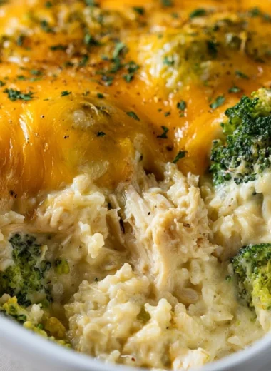 Cheesy broccoli chicken and rice casserole served in a baking dish
