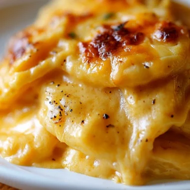 Cheesy scalloped potatoes dish topped with melted cheese and herbs