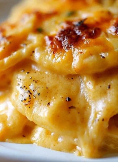 Cheesy scalloped potatoes dish topped with melted cheese and herbs