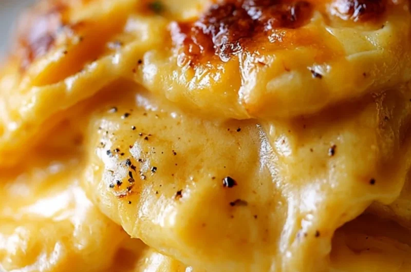 Cheesy scalloped potatoes dish topped with melted cheese and herbs